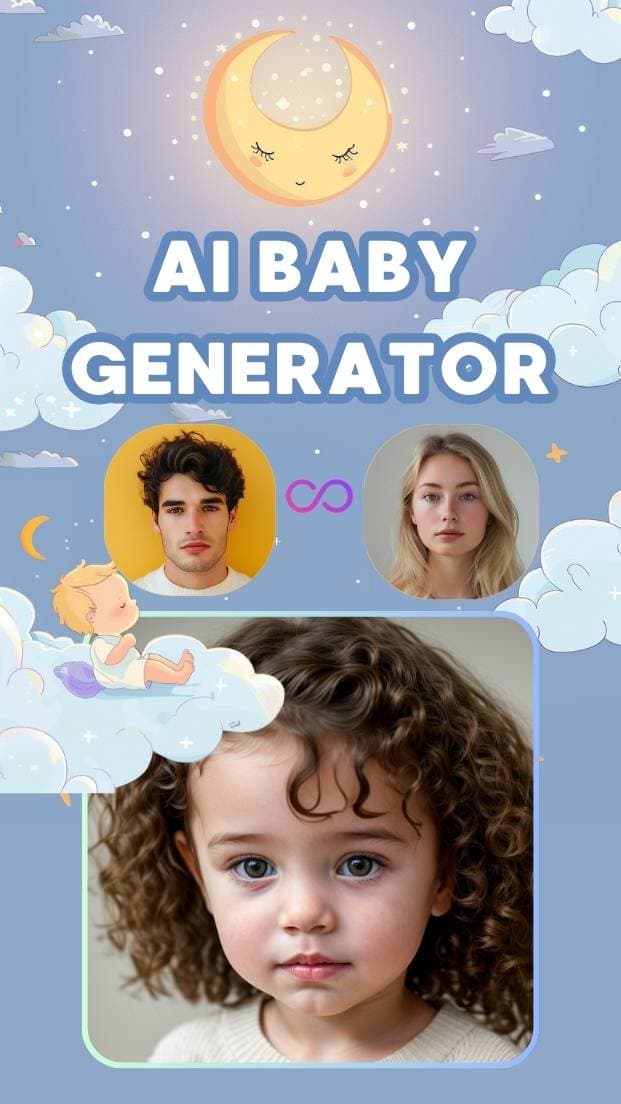 Bae AI Baby Generator app screen showing two parent photo upload cards and a generated baby preview
